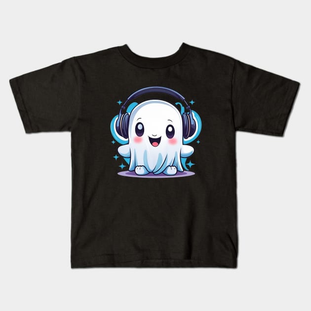 A cartoon ghost with headphones on Kids T-Shirt by CreativeXpro